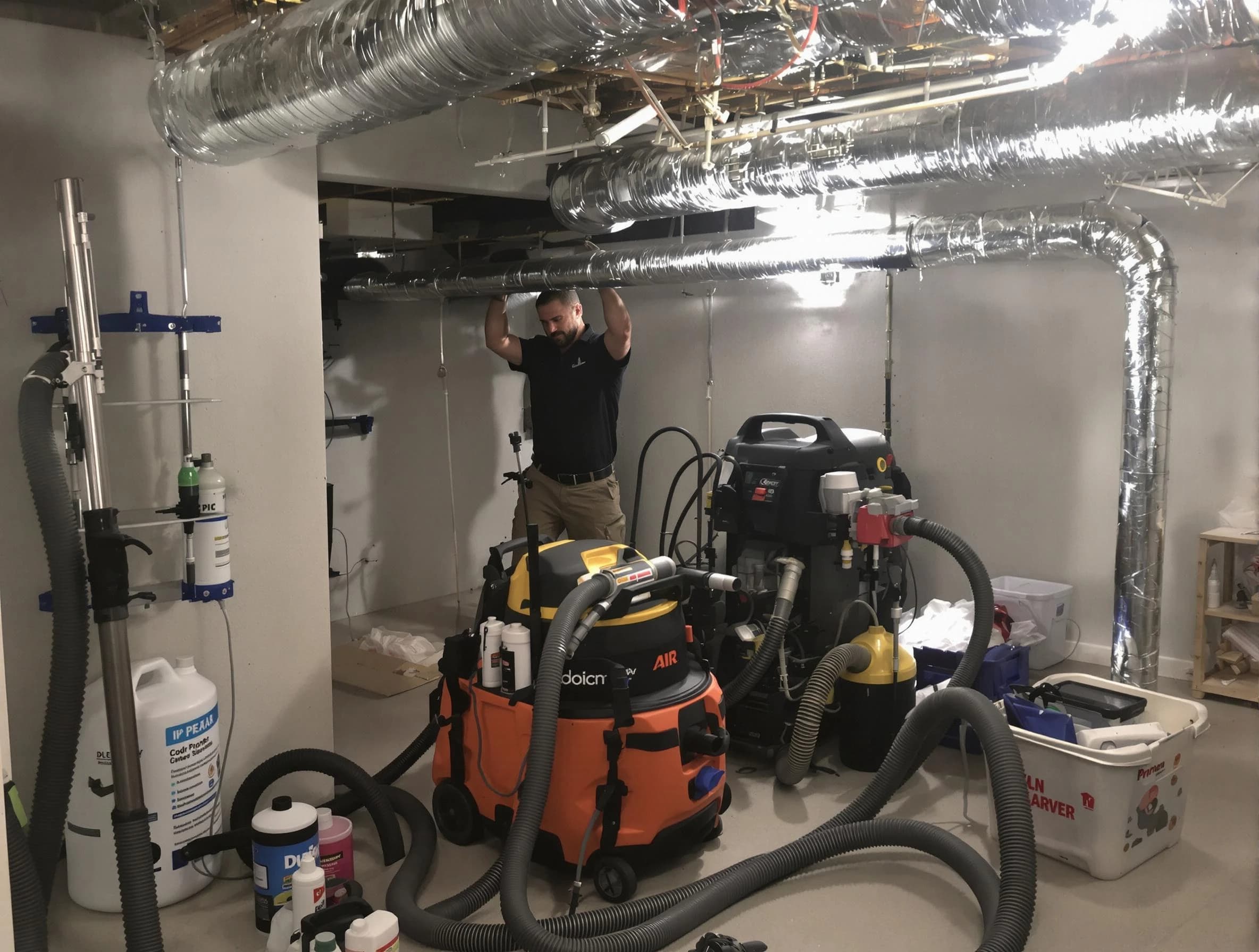 Rialto Air Duct Cleaning specialist performing professional mold removal from air ducts using safety equipment in Rialto