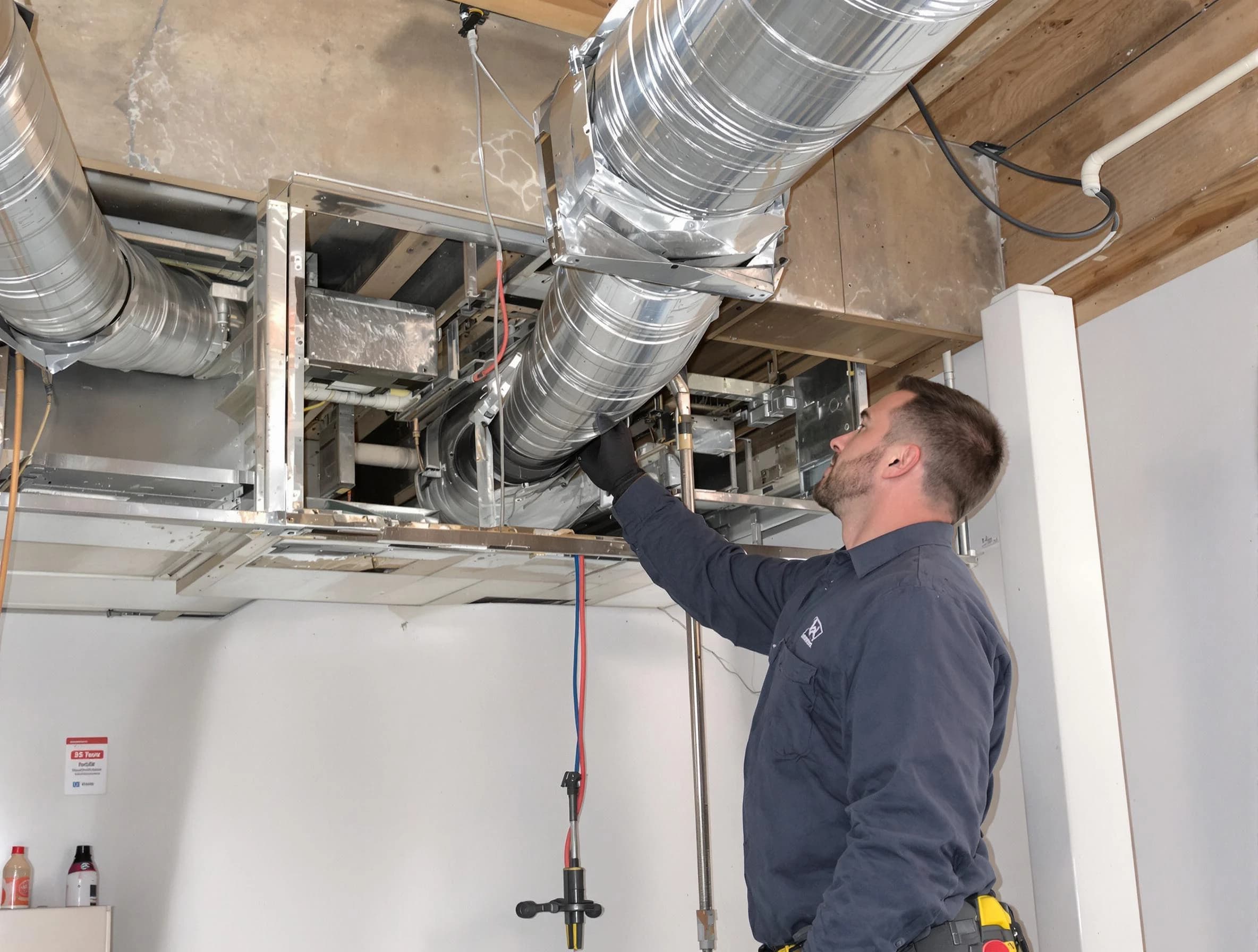 Rialto Air Duct Cleaning technician performing professional air duct repair using specialized tools in Rialto