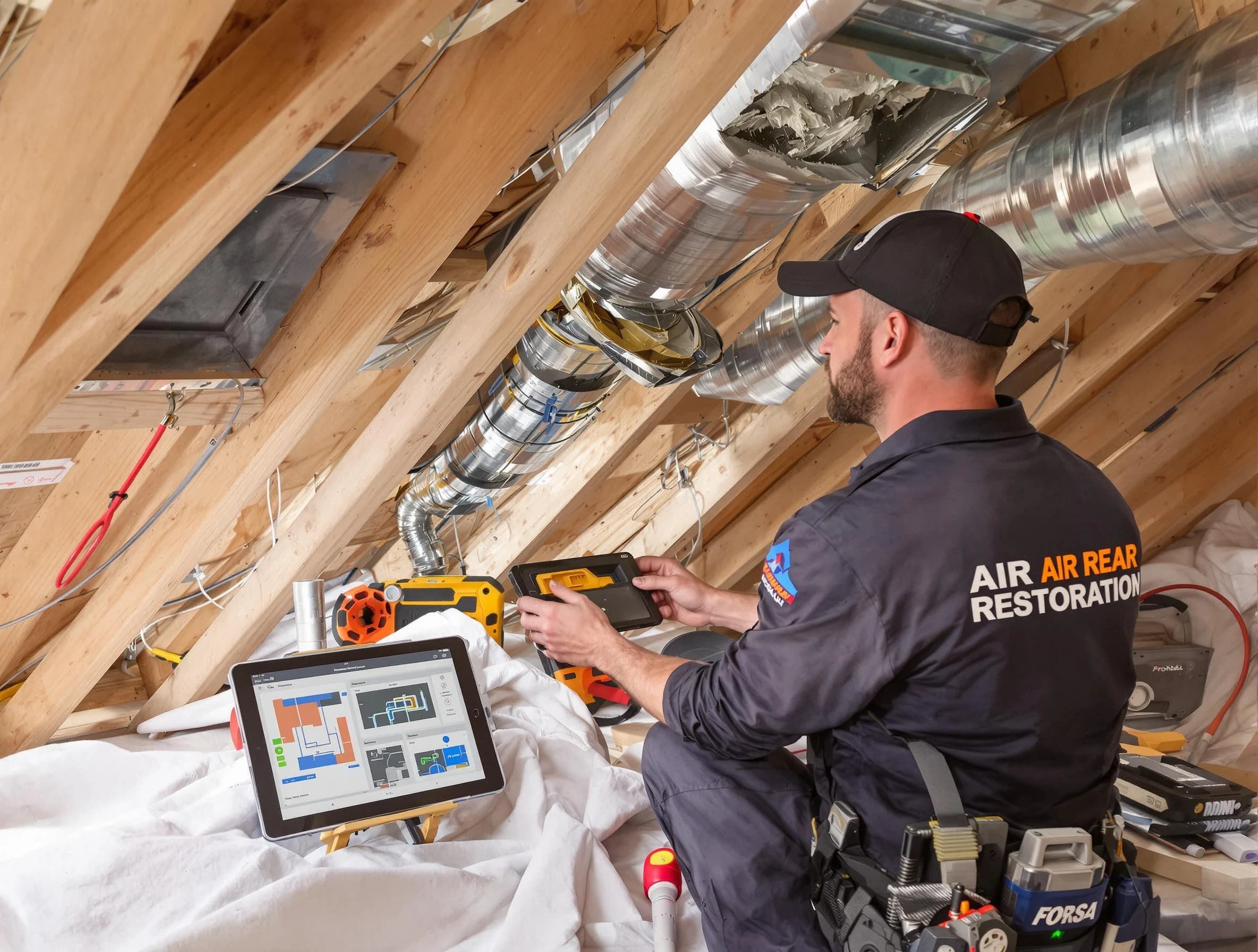 Rialto Air Duct Cleaning technician performing precise duct repair work in Rialto