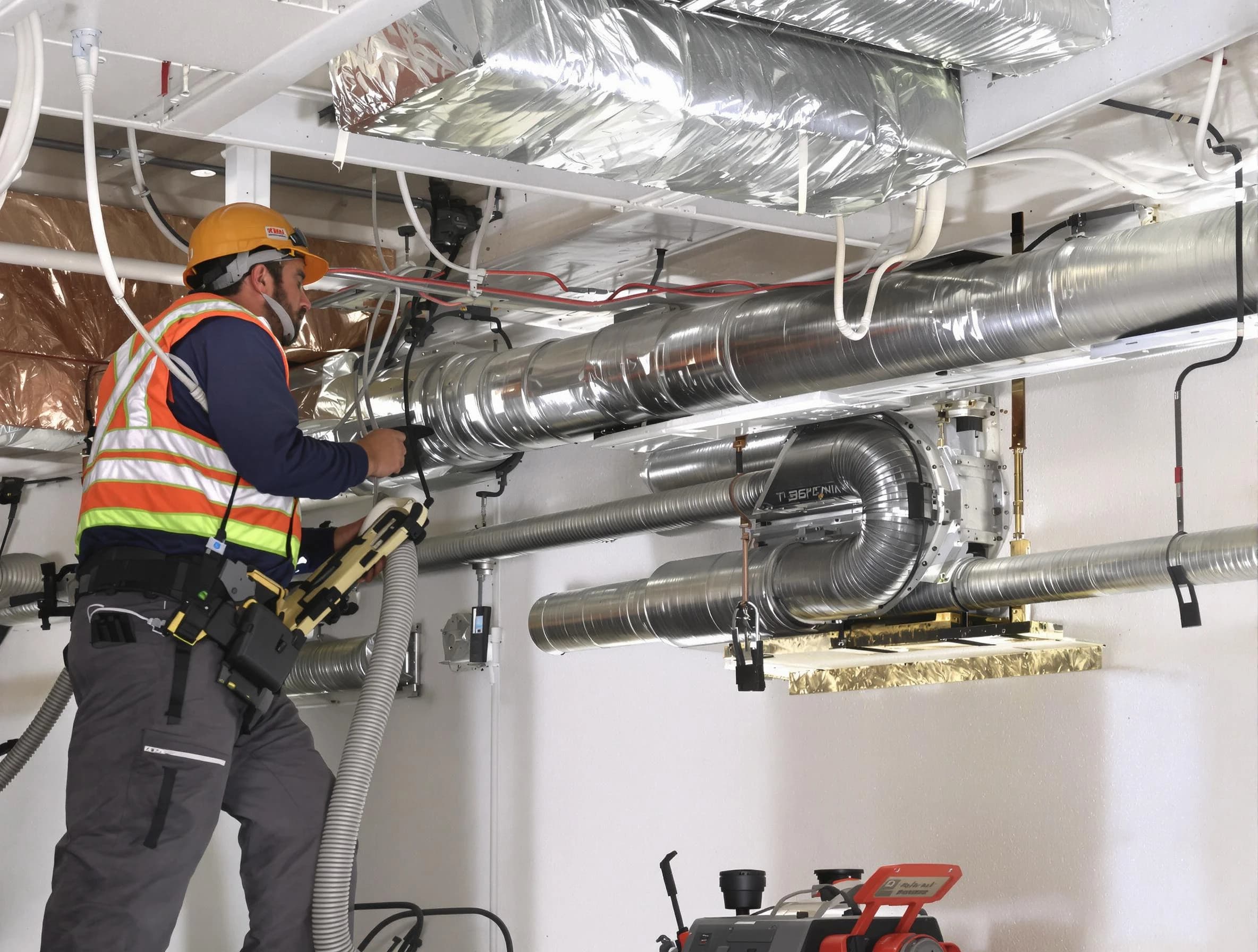 Rialto Air Duct Cleaning technician performing precision vacuum insulation removal in a residential property in Rialto